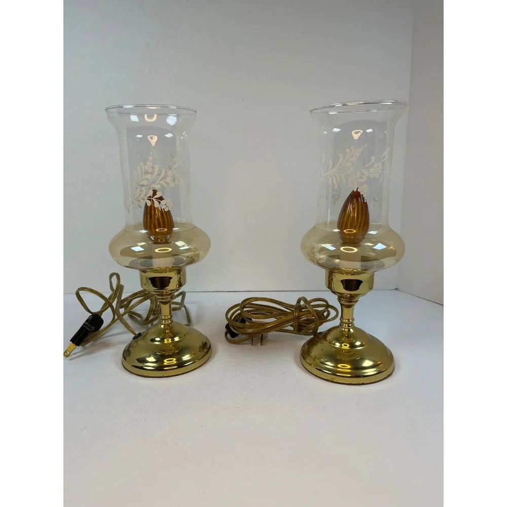 Vintage Copper Craft Brass Electric Hurricane Lamps Pair Etched Glass Chimney